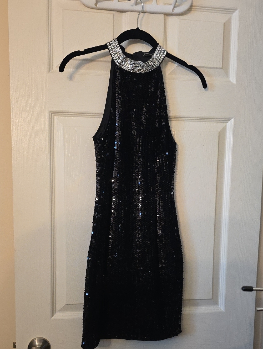 Guess Black Sequin Halter Neck Dress with Rhinestone Detail